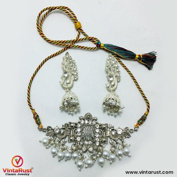 Silver Jewelry Set With Pearls Tribal Silver Tone Jewelry Set - Picture 7 of 10